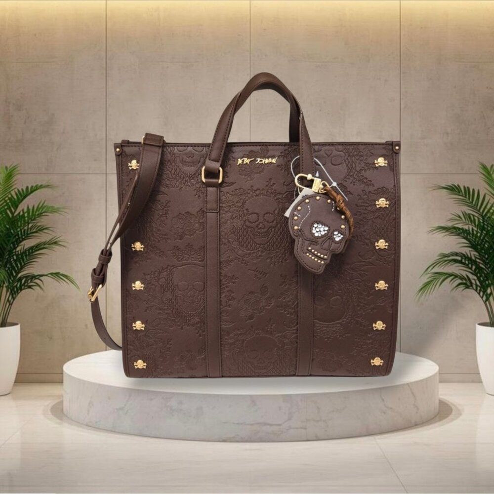 Betsey Johnson Skull Bag Purse Tote Large Handbag Faux Leather  Brown New